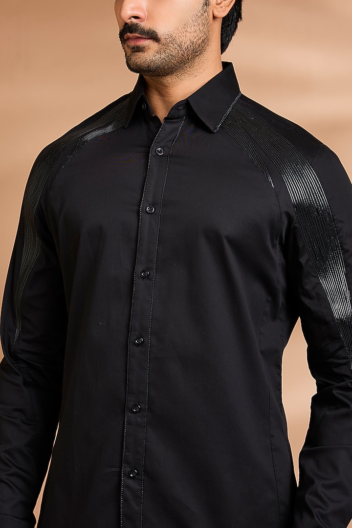 Black Cotton Satin Wedding Shirt by Amit Aggarwal Men at Pernia's Pop Up Shop
