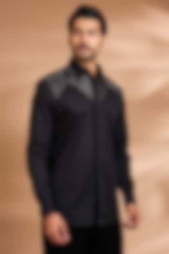 Ink Blue Cotton Satin Wedding Shirt by Amit Aggarwal Men at Pernia's Pop Up Shop