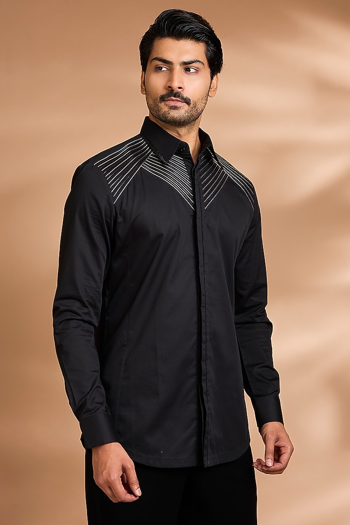 Ink Blue Cotton Satin Wedding Shirt by Amit Aggarwal Men at Pernia's Pop Up Shop
