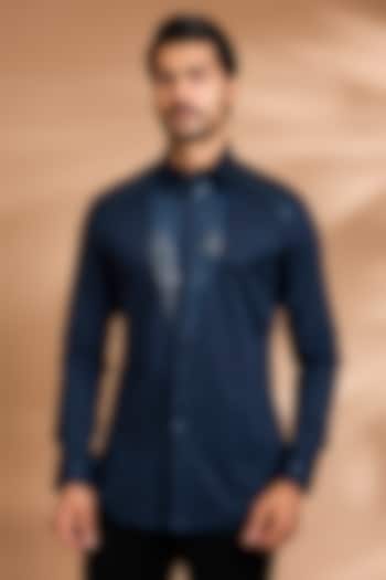 Ink Blue Cotton Satin Wedding Shirt by Amit Aggarwal Men at Pernia's Pop Up Shop
