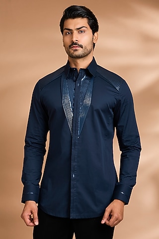 Ink Blue Cotton Satin Shirt by Amit Aggarwal Men