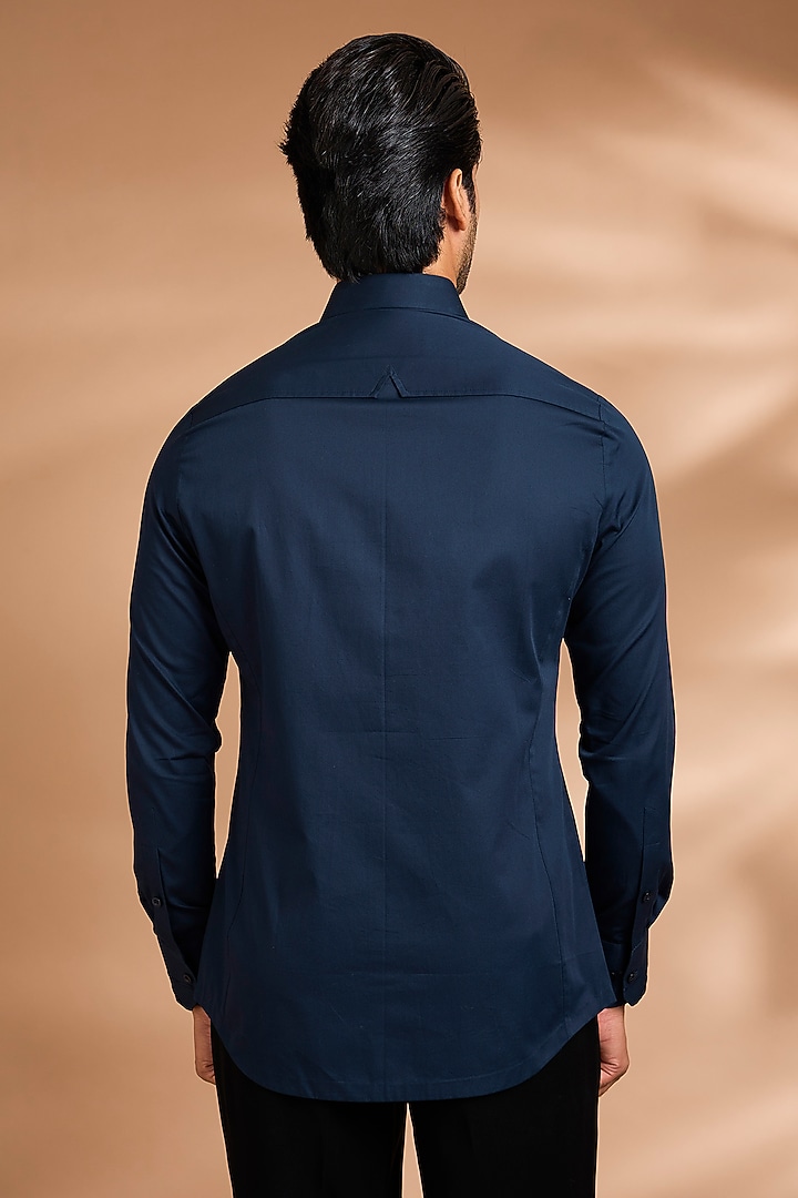 Ink Blue Cotton Satin Wedding Shirt by Amit Aggarwal Men at Pernia's Pop Up Shop
