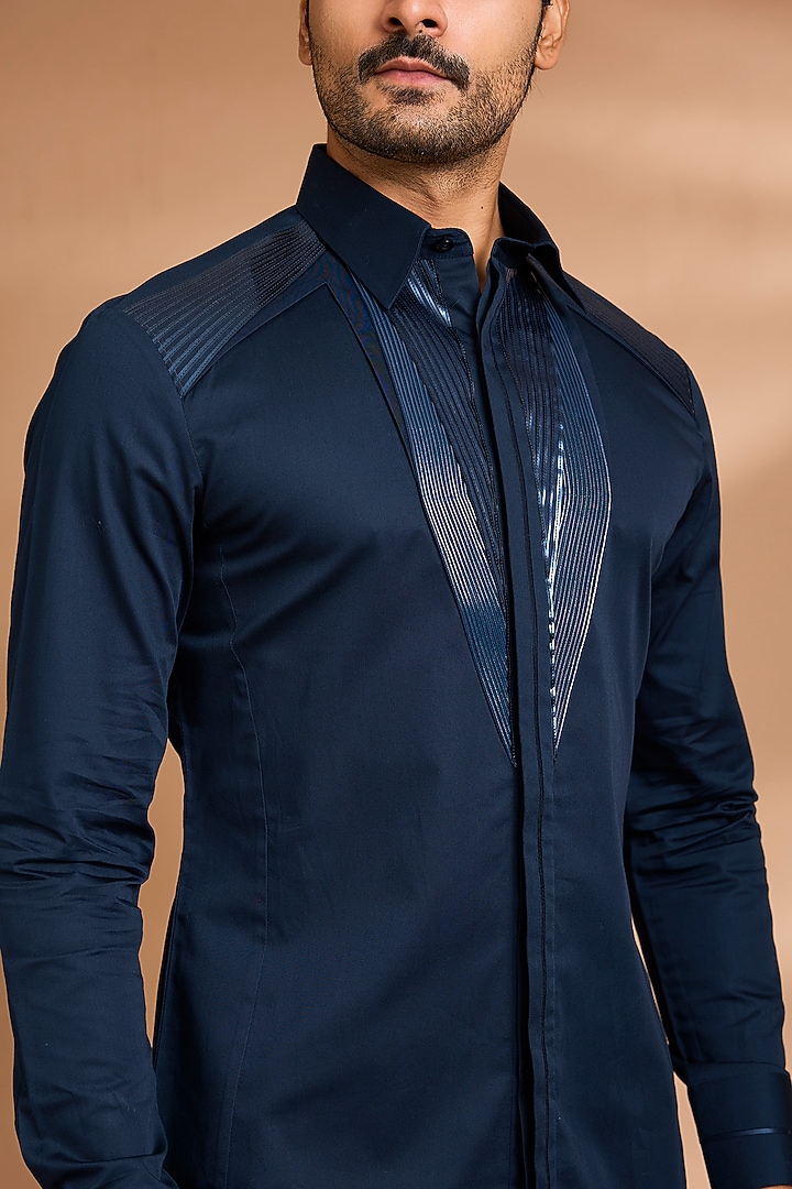Ink Blue Cotton Satin Wedding Shirt by Amit Aggarwal Men at Pernia's Pop Up Shop