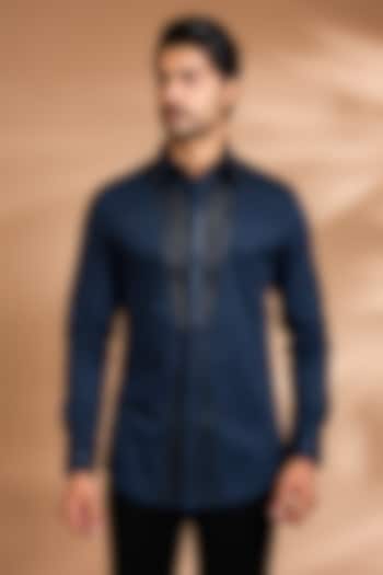 Ink Blue Cotton Satin Wedding Shirt by Amit Aggarwal Men at Pernia's Pop Up Shop