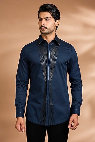 Ink Blue Cotton Satin Shirt by Amit Aggarwal Men