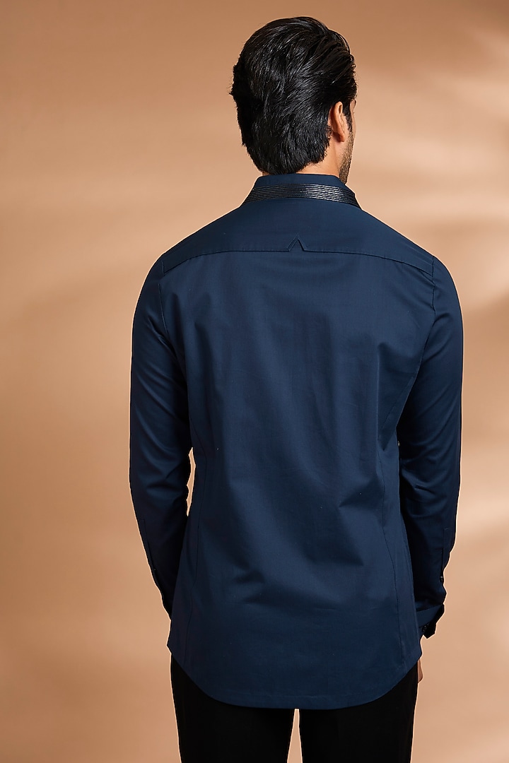 Ink Blue Cotton Satin Wedding Shirt by Amit Aggarwal Men at Pernia's Pop Up Shop