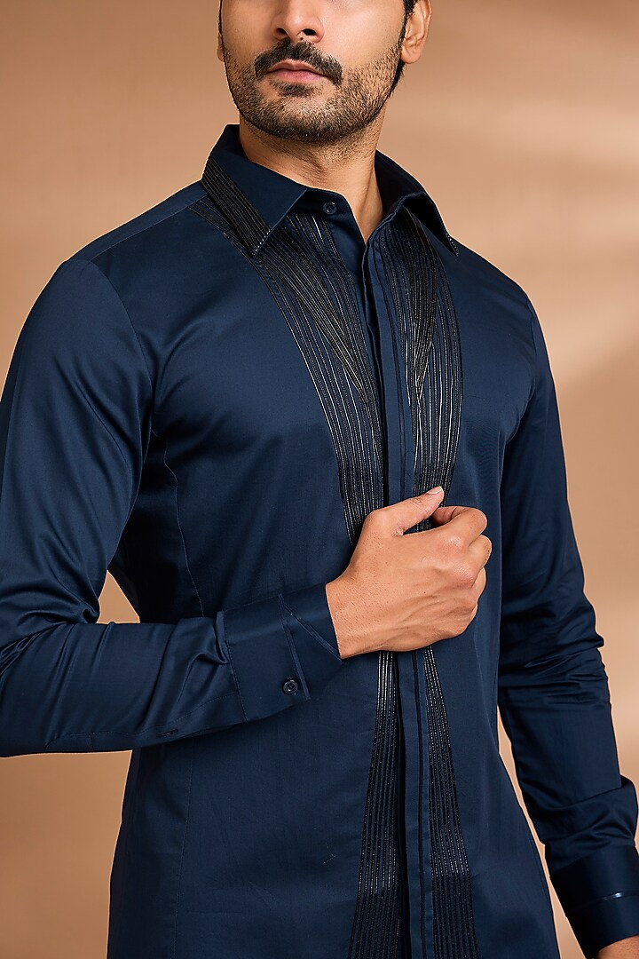 Ink Blue Cotton Satin Wedding Shirt by Amit Aggarwal Men at Pernia's Pop Up Shop