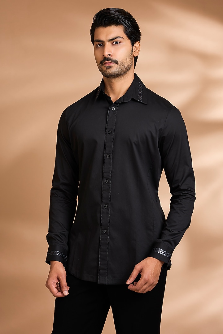 Black Cotton Satin Wedding Shirt by Amit Aggarwal Men at Pernia's Pop Up Shop