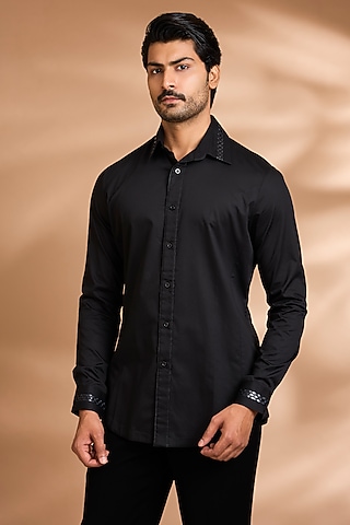Black Cotton Satin Shirt by Amit Aggarwal Men