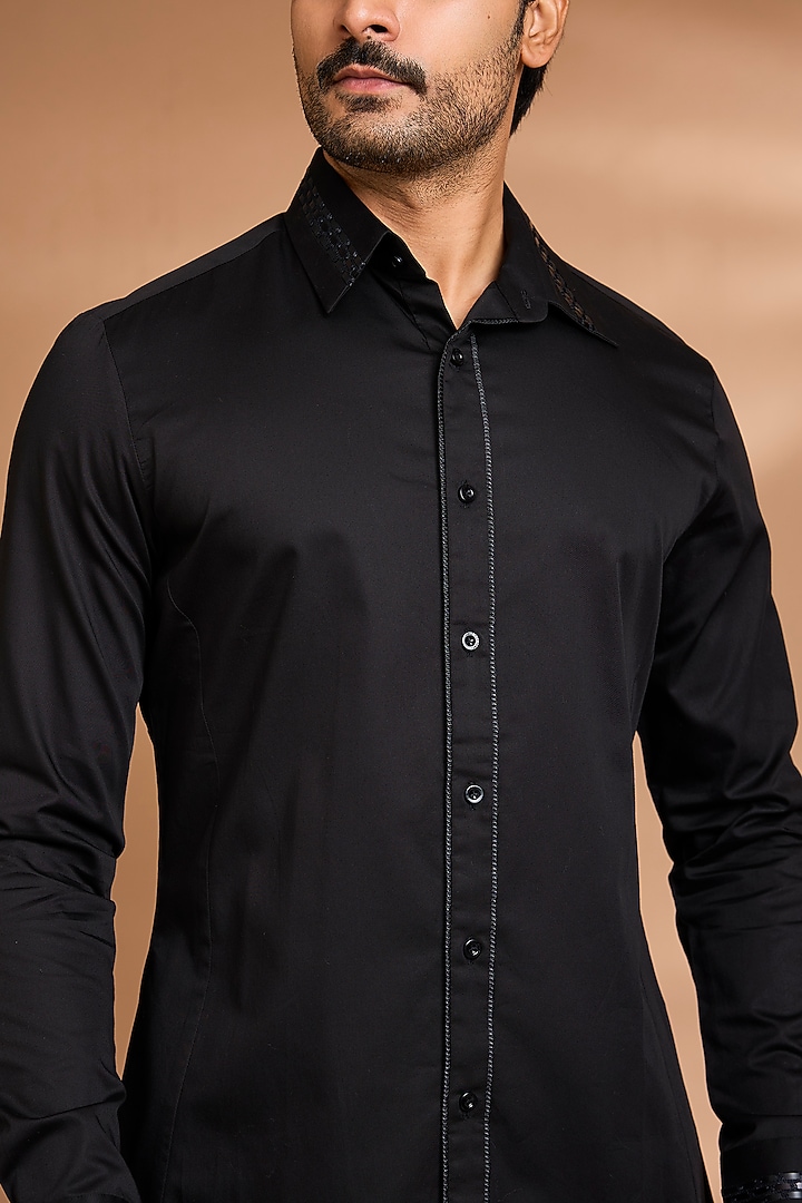 Black Cotton Satin Wedding Shirt by Amit Aggarwal Men at Pernia's Pop Up Shop