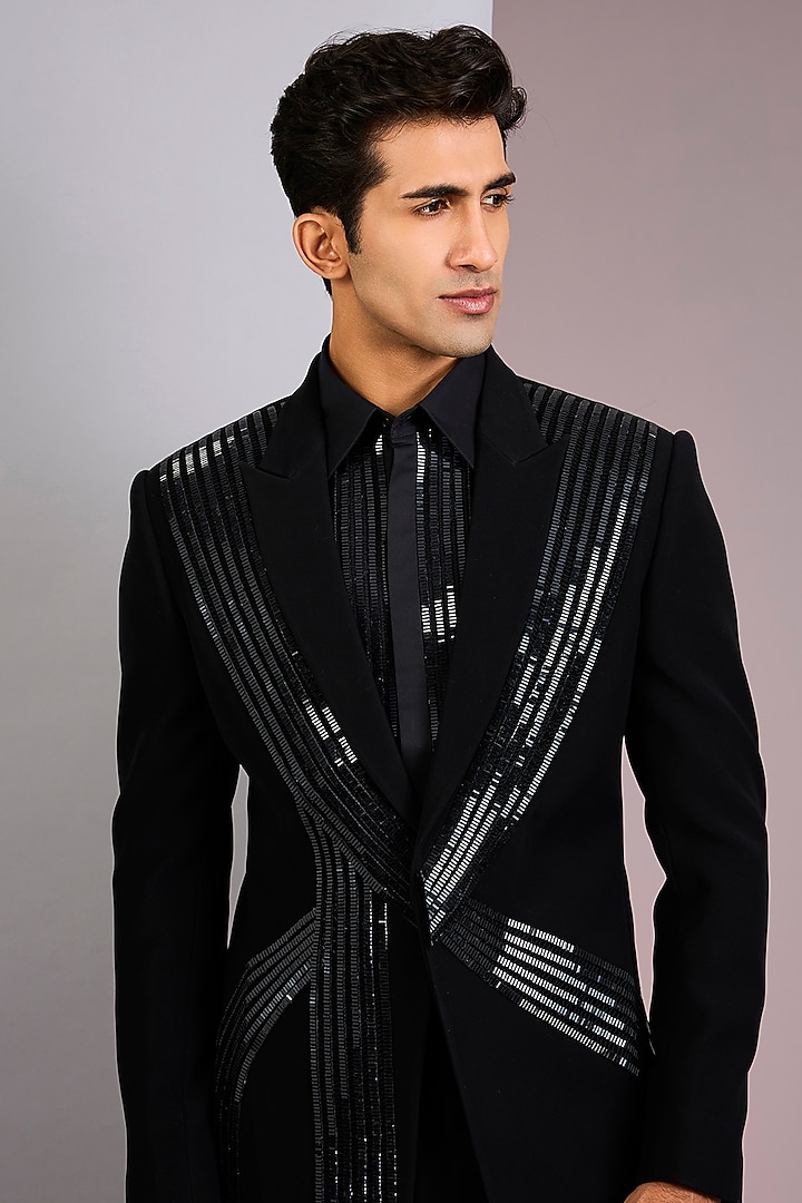 Black Suiting Tuxedo by Amit Aggarwal Men at Pernia's Pop Up Shop