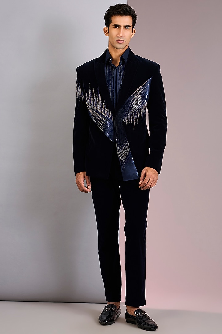 Ink Blue Velvet Tuxedo by Amit Aggarwal Men at Pernia's Pop Up Shop