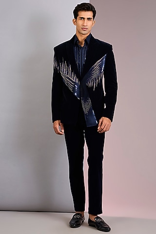 Ink Blue Velvet Tuxedo by Amit Aggarwal Men