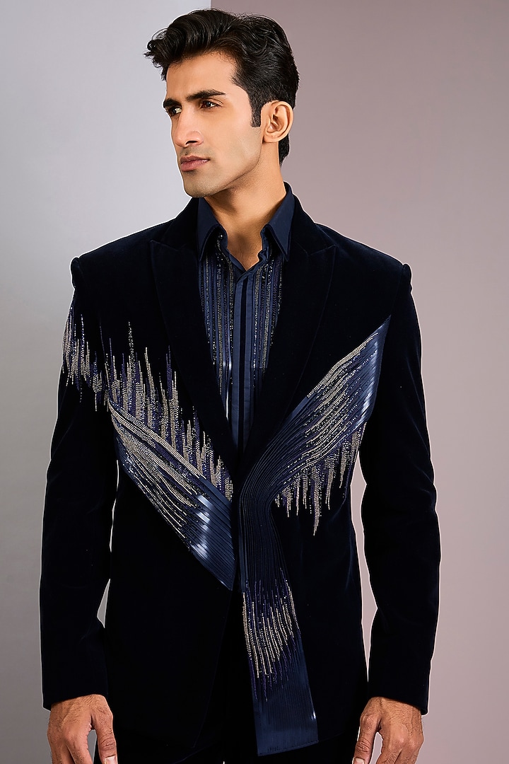Ink Blue Velvet Tuxedo by Amit Aggarwal Men at Pernia's Pop Up Shop