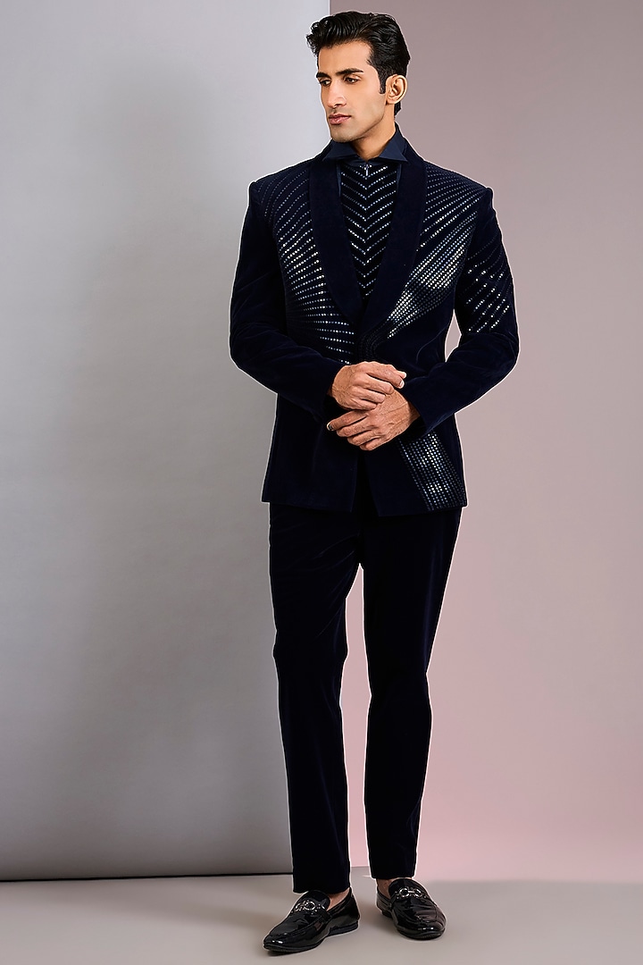 Ink Blue Velvet Tuxedo by Amit Aggarwal Men at Pernia's Pop Up Shop