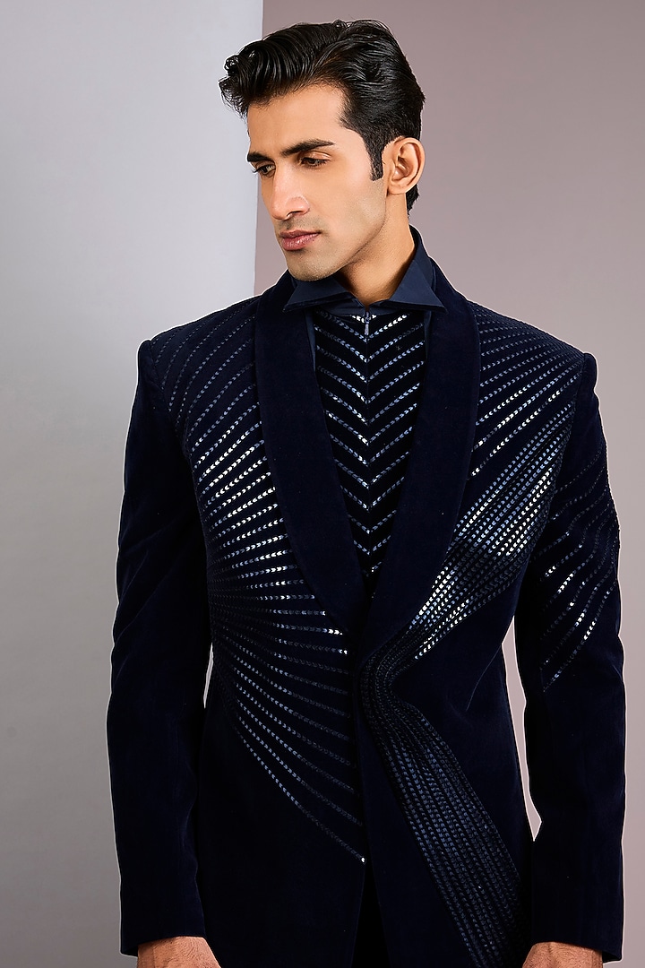 Ink Blue Velvet Tuxedo by Amit Aggarwal Men at Pernia's Pop Up Shop