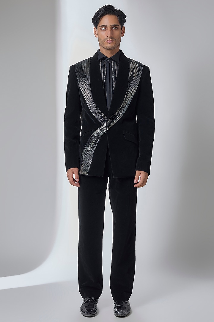 Black Velvet Tuxedo Set by Amit Aggarwal Men at Pernia's Pop Up Shop