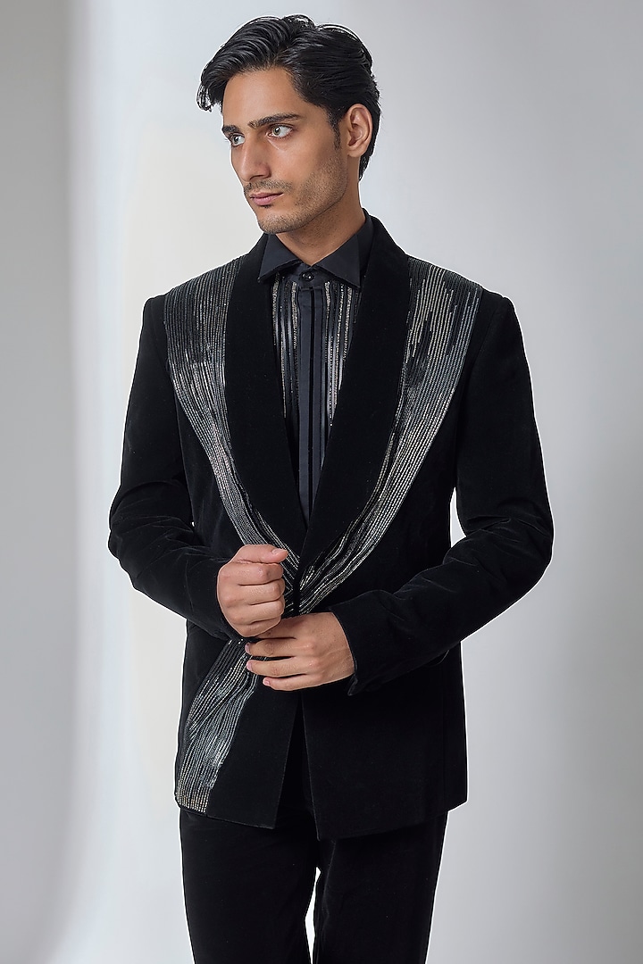 Black Velvet Tuxedo Set by Amit Aggarwal Men at Pernia's Pop Up Shop