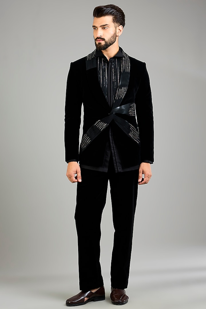 Black Velvet Tuxedo Set by Amit Aggarwal Men at Pernia's Pop Up Shop