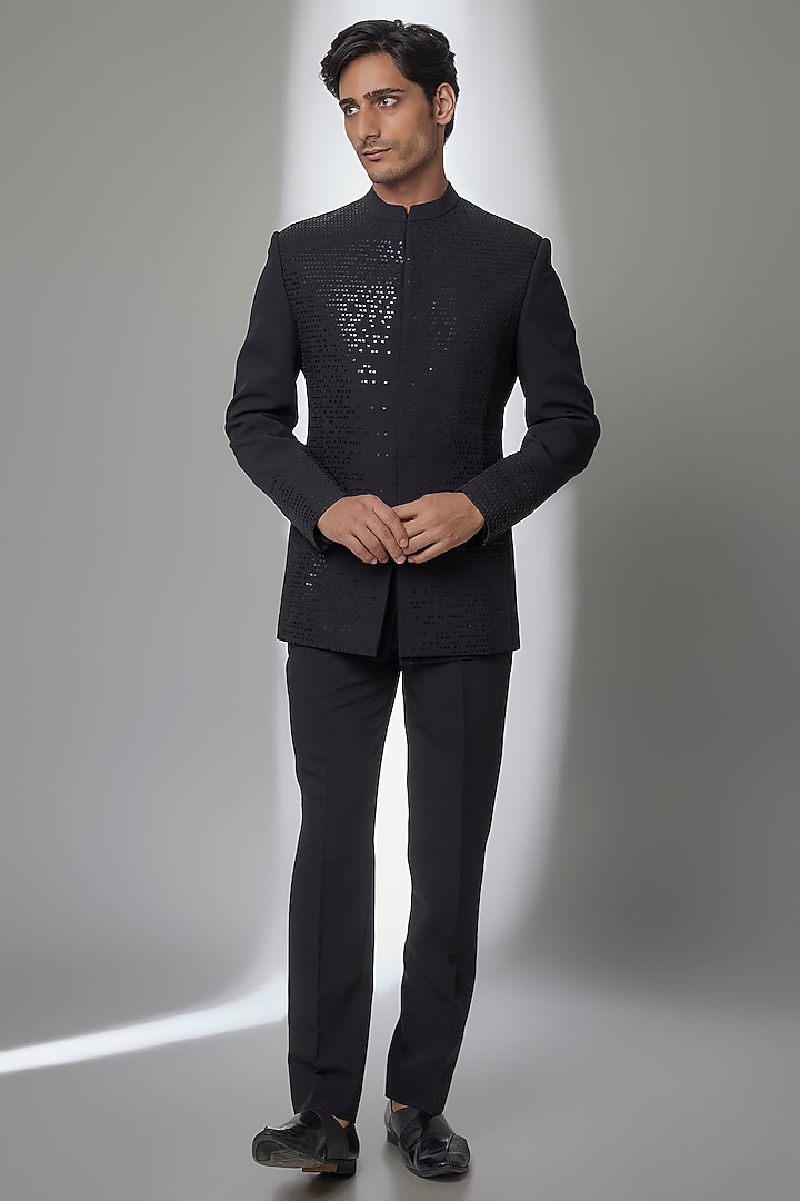 Black Suiting Groom Bandhgala Set by Amit Aggarwal Men at Pernia's Pop Up Shop