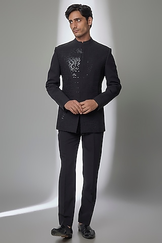 Black Suiting Bandhgala Set by Amit Aggarwal Men