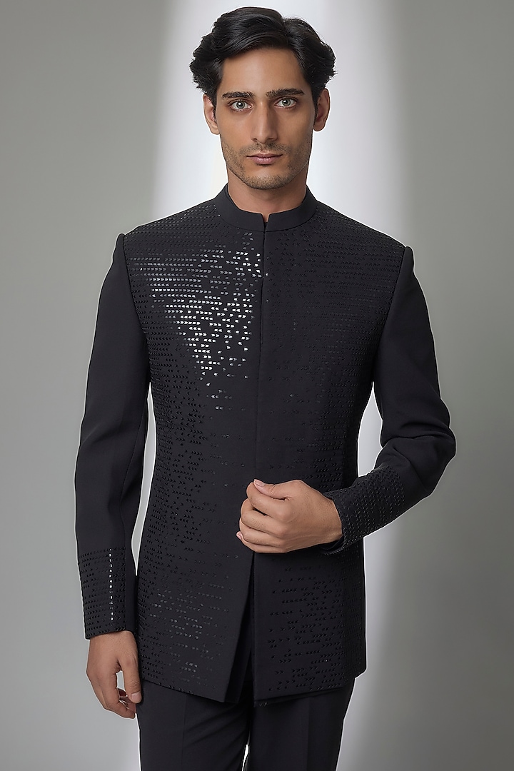 Black Suiting Groom Bandhgala Set by Amit Aggarwal Men at Pernia's Pop Up Shop