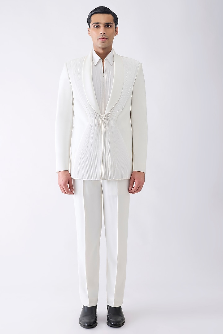 White Satin Crepe Tuxedo Set by Amit Aggarwal Men at Pernia's Pop Up Shop