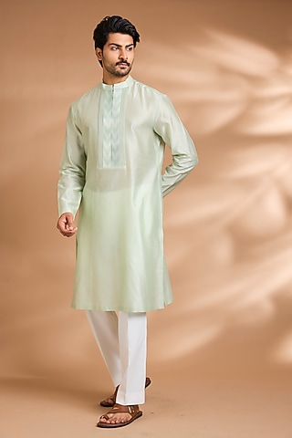 Mint Cotton Satin Kurta by Amit Aggarwal Men