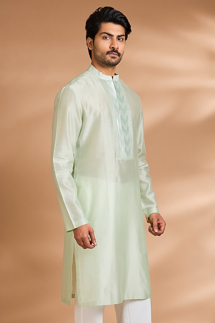 Mint Cotton Satin Kurta by Amit Aggarwal Men at Pernia's Pop Up Shop