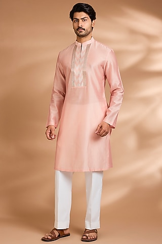 Blush Cotton Satin Kurta by Amit Aggarwal Men