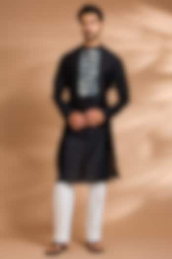 Black Cotton Satin Kurta by Amit Aggarwal Men at Pernia's Pop Up Shop
