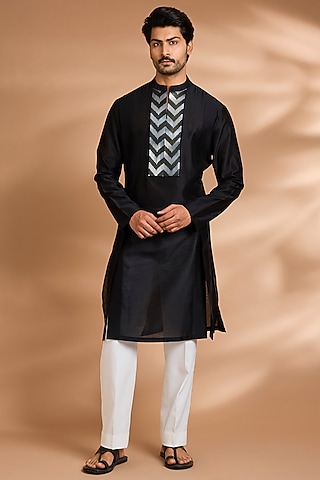 Black Cotton Satin Kurta by Amit Aggarwal Men