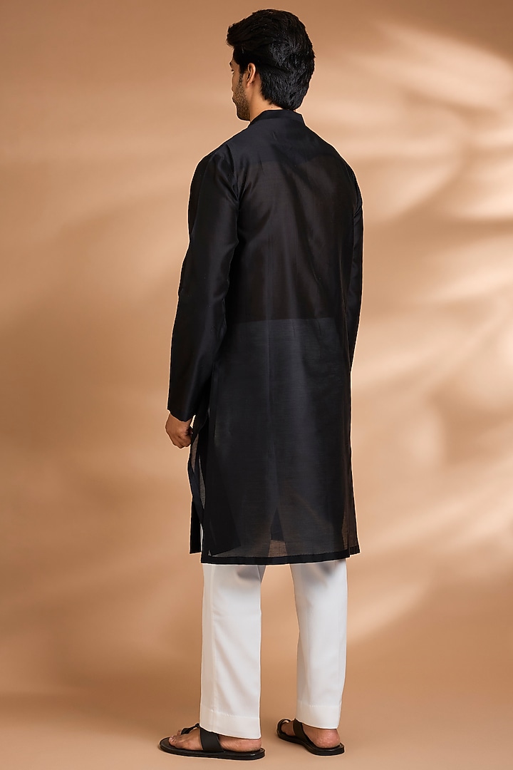 Black Cotton Satin Kurta by Amit Aggarwal Men at Pernia's Pop Up Shop