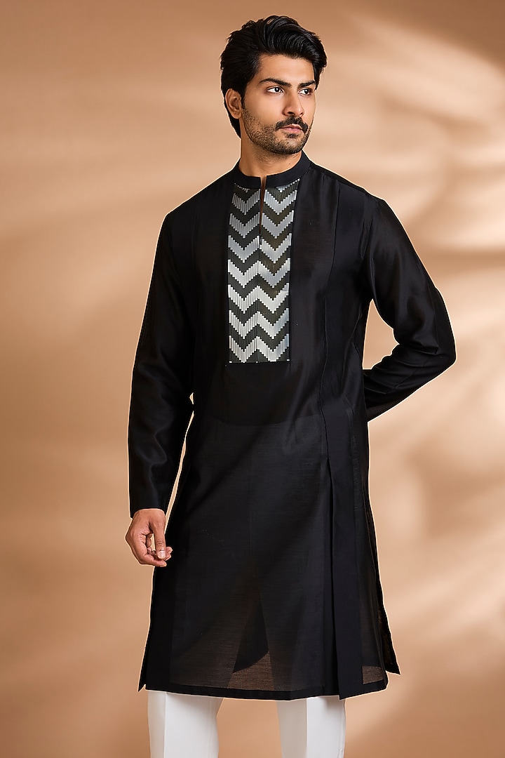Black Cotton Satin Kurta by Amit Aggarwal Men at Pernia's Pop Up Shop