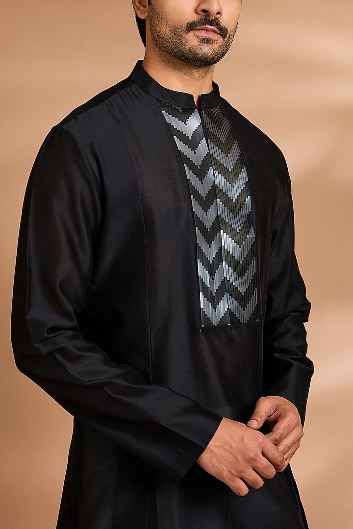 Black Cotton Satin Kurta by Amit Aggarwal Men at Pernia's Pop Up Shop