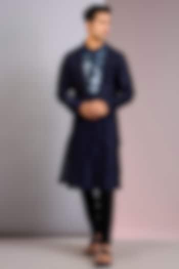 Ink Blue Chanderi Silk Kurta by Amit Aggarwal Men at Pernia's Pop Up Shop