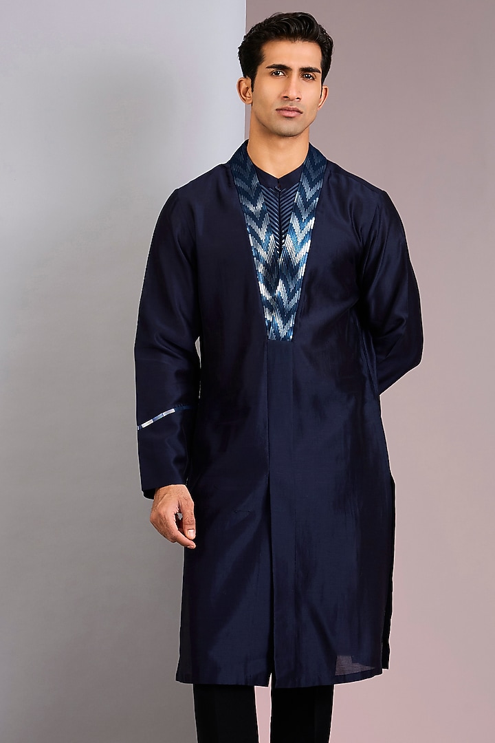 Ink Blue Chanderi Silk Kurta by Amit Aggarwal Men at Pernia's Pop Up Shop