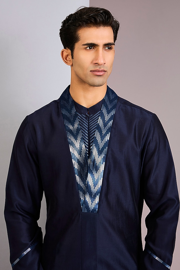 Ink Blue Chanderi Silk Kurta by Amit Aggarwal Men at Pernia's Pop Up Shop