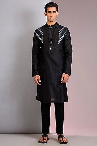 Black Chanderi Silk Kurta by Amit Aggarwal Men