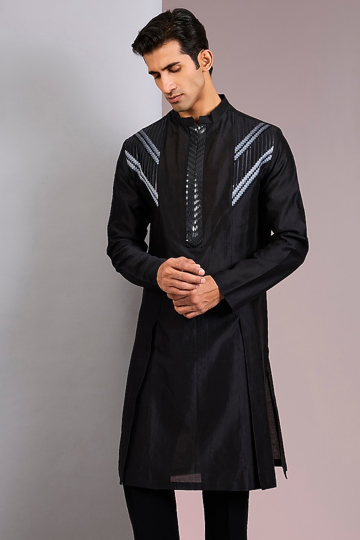 Black Chanderi Silk Kurta by Amit Aggarwal Men at Pernia's Pop Up Shop