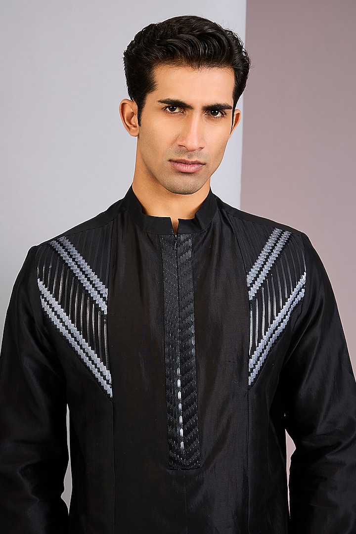 Black Chanderi Silk Kurta by Amit Aggarwal Men at Pernia's Pop Up Shop