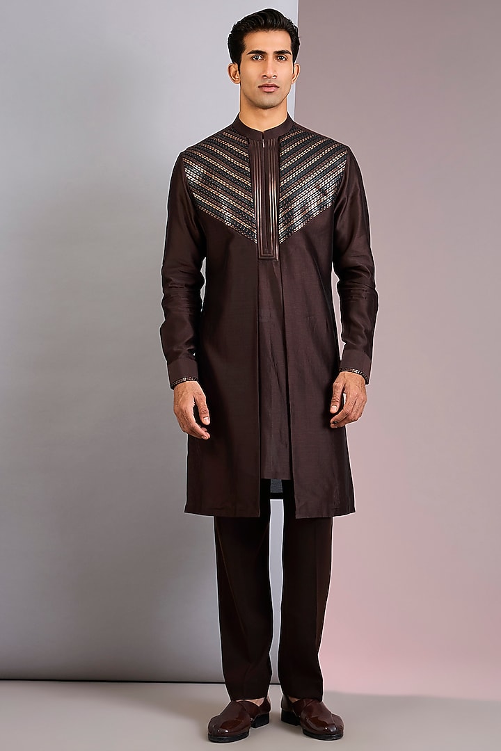 Brown Chanderi Silk Kurta by Amit Aggarwal Men at Pernia's Pop Up Shop