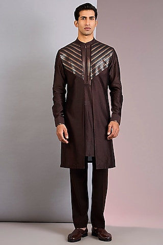 Brown Chanderi Silk Kurta by Amit Aggarwal Men