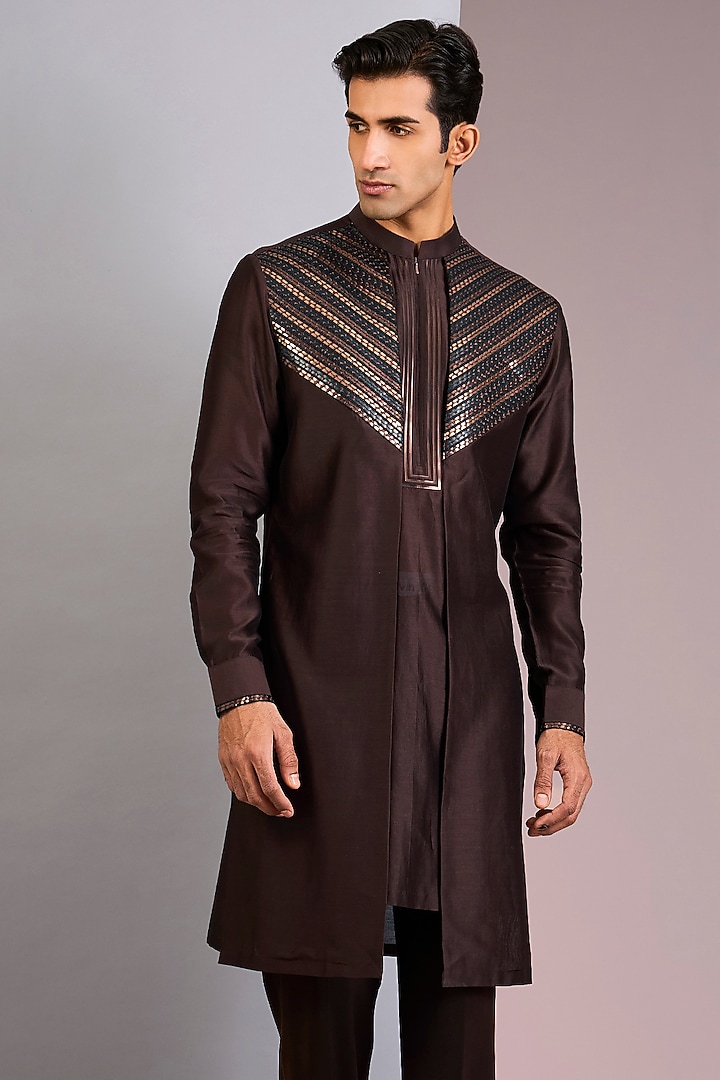 Brown Chanderi Silk Kurta by Amit Aggarwal Men at Pernia's Pop Up Shop
