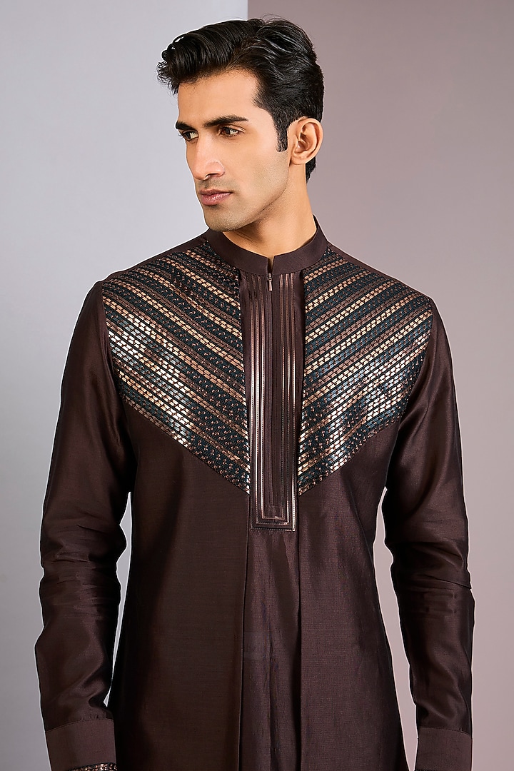 Brown Chanderi Silk Kurta by Amit Aggarwal Men at Pernia's Pop Up Shop