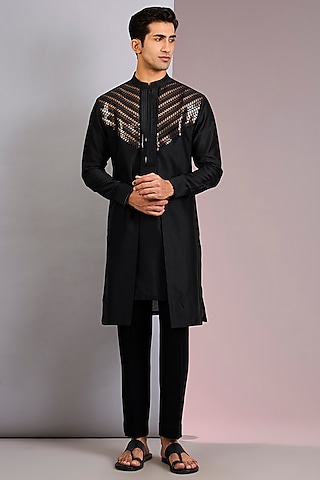 Black Chanderi Silk Kurta by Amit Aggarwal Men