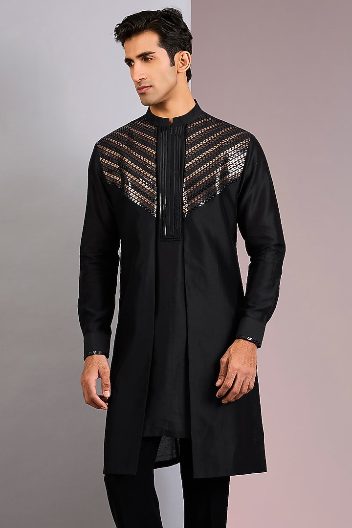 Black Chanderi Silk Kurta by Amit Aggarwal Men at Pernia's Pop Up Shop