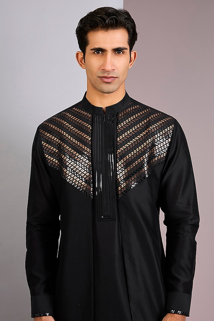 Black Chanderi Silk Kurta by Amit Aggarwal Men at Pernia's Pop Up Shop