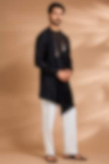 Black Cotton Satin Kurta by Amit Aggarwal Men at Pernia's Pop Up Shop