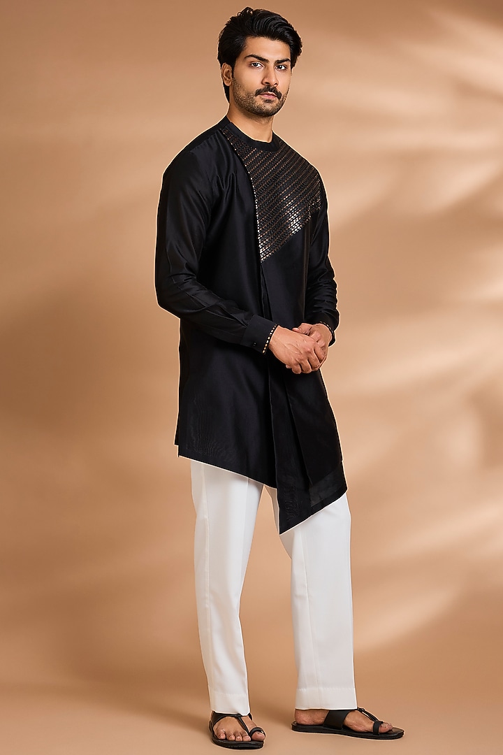 Black Cotton Satin Kurta by Amit Aggarwal Men at Pernia's Pop Up Shop